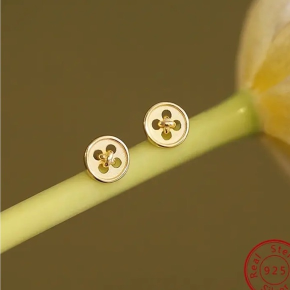 Mini Sterling Silver Gold Button Shaped Stud Earrings - Picture 2 of 3